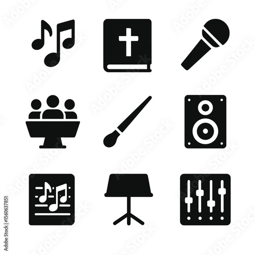 Worship Music Icons. Solid, filled icon set of worship music components: musical notes, hymn book, microphone, choir stand,