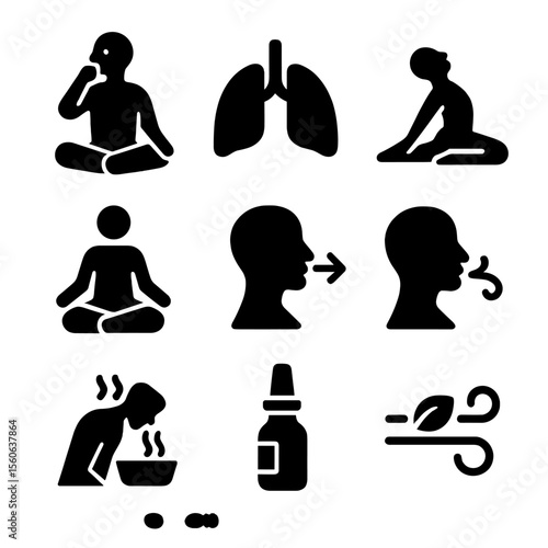 Yoga Respiratory Health Icons. Solid, filled icon set of yoga for respiratory health: pranayama breathing, lung icon, open chest