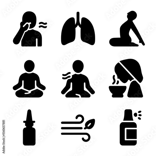 Yoga Respiratory Health Icons. Solid, filled icon set of yoga for respiratory health: pranayama breathing, lung icon, open chest