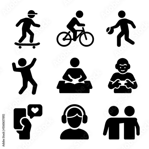 Youth Activities Icons. Solid, filled icon set of youth activities: skateboarding, biking, playing basketball, dancing, studying,