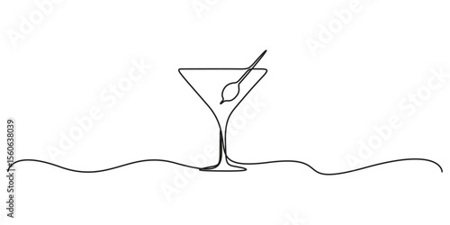 Continuous one line drawing of a martini glass with a straw on a white background vector illustration