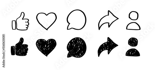 Hand drawn Like, heart, comment, share and save icon set. thumb up icon symbol. Doodle Social media notification icons , social network user interface flat icons, post reactions collection set. 