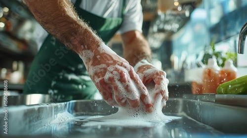 Busy kitchen worker washes hands thoroughly with soap in an industrial setting during a bustling lunchtime rush