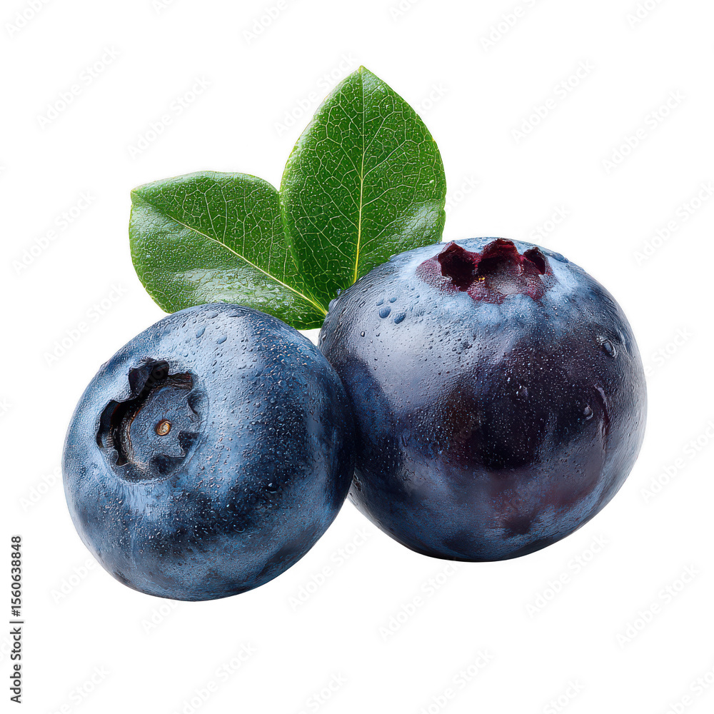 Obraz premium Two Fresh Ripe Blueberries with Leaves on White Background