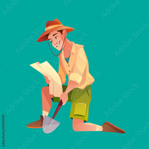 Explorer's Discovery: A young explorer on his journey, meticulously studying a map while holding a shovel, the embodiment of adventure, discovery, and exploration.