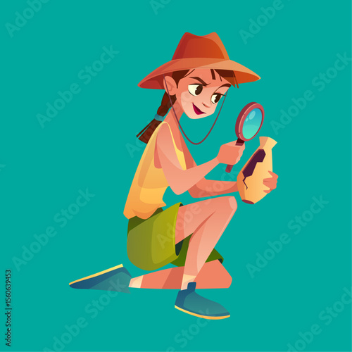 Young archaeologist with magnifying glass and relic: A young, inquisitive archaeologist meticulously examines an ancient relic with a magnifying glass, sparking curiosity and adventure.