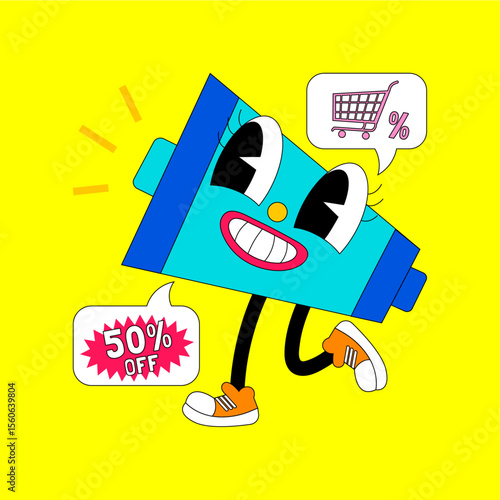 Sale is coming, Special offer: A vibrant and cheerful cartoon character, with a charming smile and joyful steps, eagerly announces a 50% discount, inviting shoppers to celebrate the shopping moment