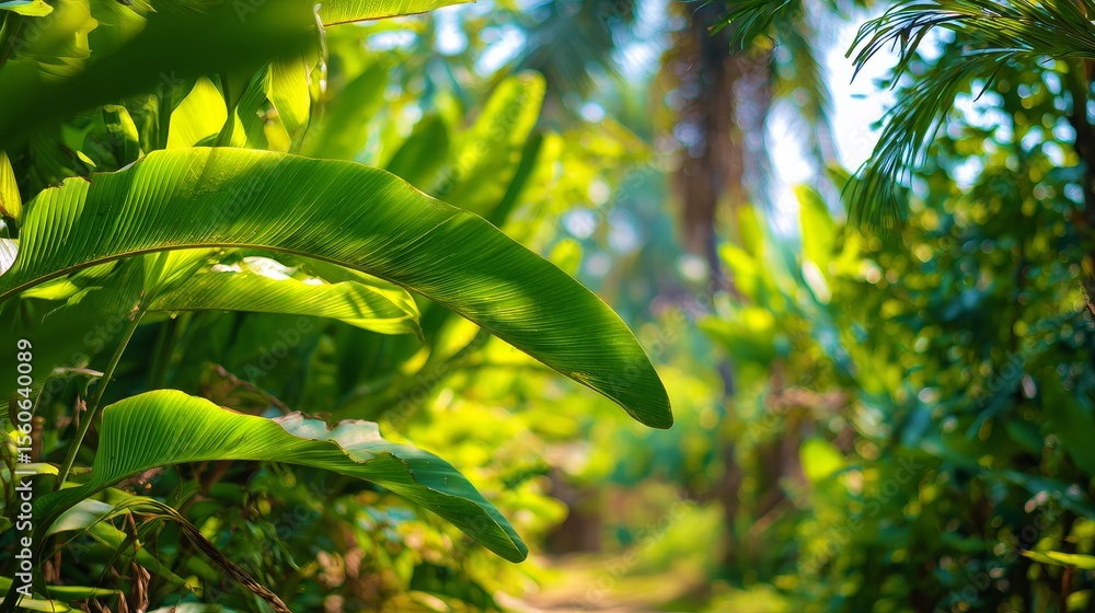 Fototapeta premium Lush green foliage at a sunny tropical getaway