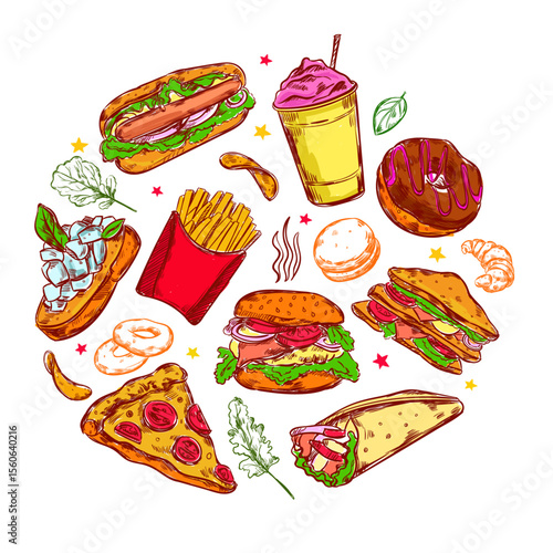 Variety of food items: A mouthwatering array of popular culinary delights arranged in a circular fashion. showcasing delicious textures, vibrant colors, and tempting presentation.