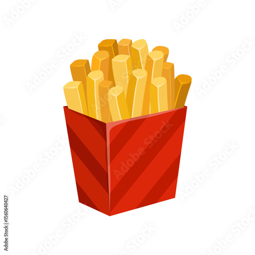 Crispy Delight: An eye-level illustration of golden-brown french fries in a red and white striped box, enticing with a simple yet vibrant representation of a favorite snack.