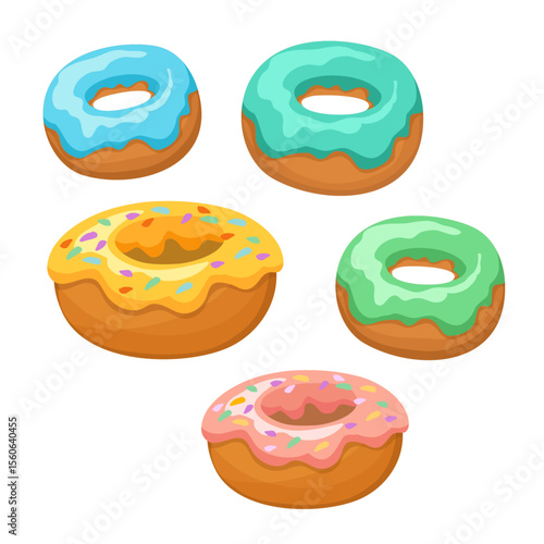 Delicious Delight: A vibrant assortment of donuts, each exquisitely crafted with glossy glaze, sugary toppings, and an enticing blend of colors.