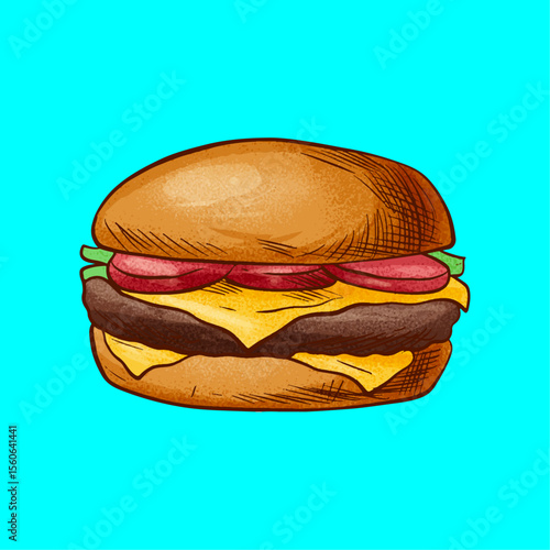 Juicy Cheeseburger Illustration: A mouthwatering illustration of a classic cheeseburger, featuring a perfectly grilled beef patty, melted cheese, crisp lettuce, and juicy tomato slices.