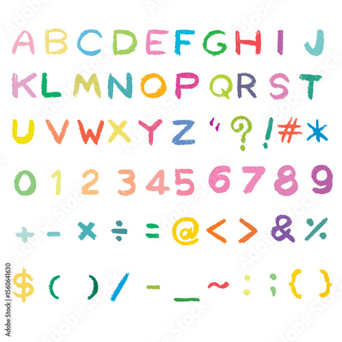 Colorful Hand-Drawn Crayon Font - Alphabet, Numbers, and Symbols Set illustration student back to school idea