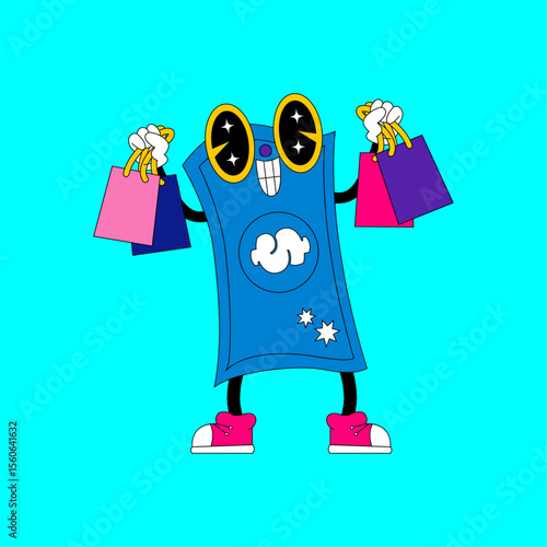 Cartoon Money with Shopping Bags: An upbeat cartoon money character joyfully holding shopping bags against a vibrant background, a visual representation of spending and commerce.