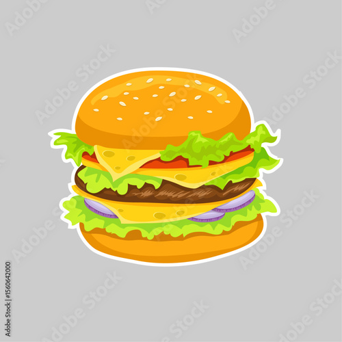 Delectable Burger Delight: A mouthwatering hamburger, with sesame seed bun, juicy patty, fresh lettuce, ripe tomato, creamy cheese, and sliced onion.