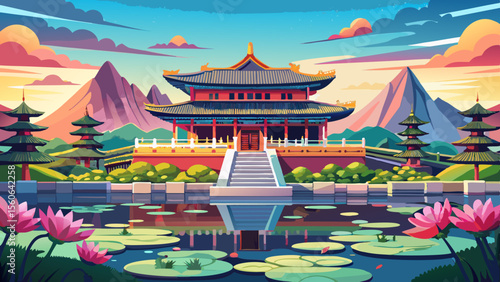 Gyeongbokgung Palace in Seoul, South Korea stands peacefully with its sweeping tiled roofs, lotus ponds, and mountain backdrop—a graceful blend of nature and Joseon dynasty elegance.