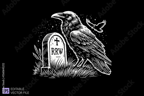 raven in graveyard dark art scary creepy illustration engraving style tattoo vector black and white background templates