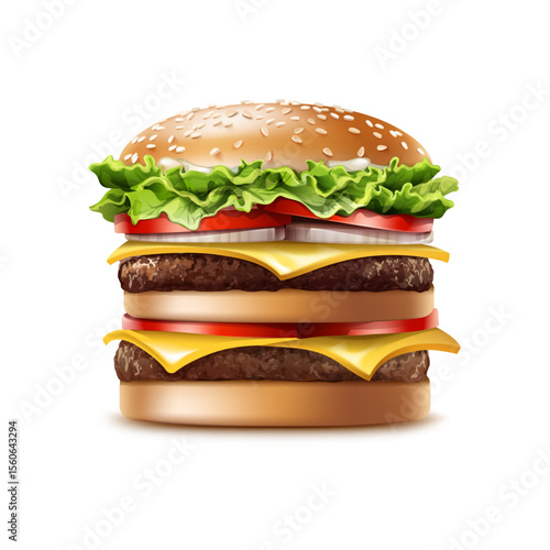 Delectable Burger: A mouthwatering double-decker burger with fresh ingredients and a sesame seed bun, creating a tempting food photography masterpiece.