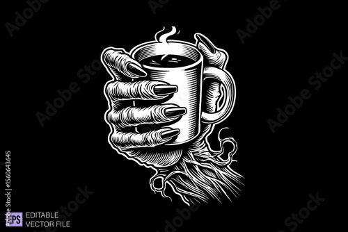 hand holding mug dark art scary creepy illustration engraving style tattoo vector black and white background templates