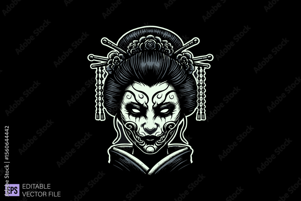 Geisha mythology dark art scary creepy illustration engraving style tattoo vector black and white background templates Geisha mythology dark art scary creepy illustration engraving style tattoo vector black and white background templates