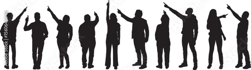 Vector; silhouette of a large group of women and men pointing up