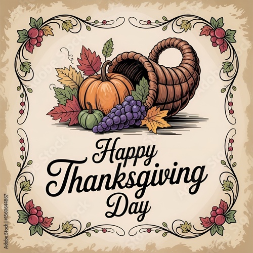 Happy Thanksgiving Day with autumn leaves. Hand drawn text lettering for Thanksgiving Day  
