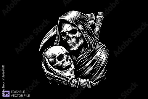 Grim reaper dark art scary creepy illustration engraving style tattoo vector black and white background templates