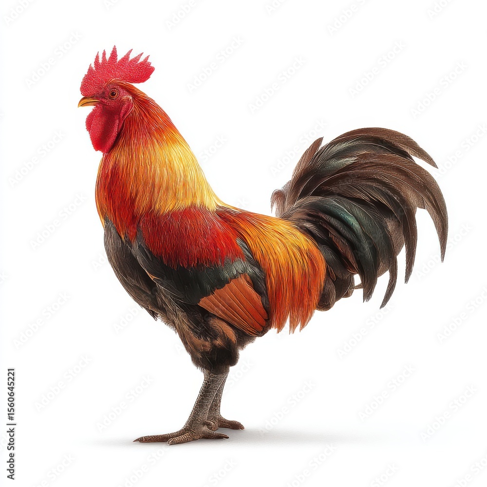 A vibrant rooster with striking red comb and colorful plumage standing proudly isolated on white background A vibrant rooster with striking red comb and colorful plumage standing proudly isolated on white background