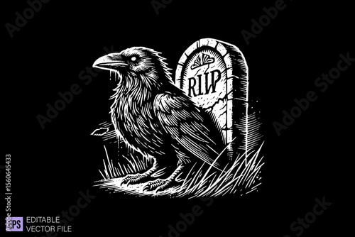 raven in graveyard dark art scary creepy illustration engraving style tattoo vector black and white background templates