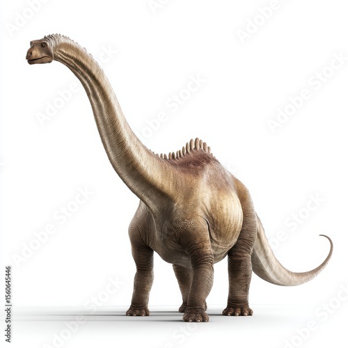 Realistic 3d render of a large brontosaurus dinosaur with a long neck and tail isolated on white background