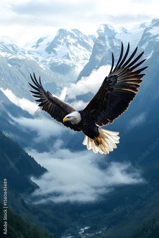 Naklejka premium An eagle soars in the valley, with soft sunlight filtering through the clouds