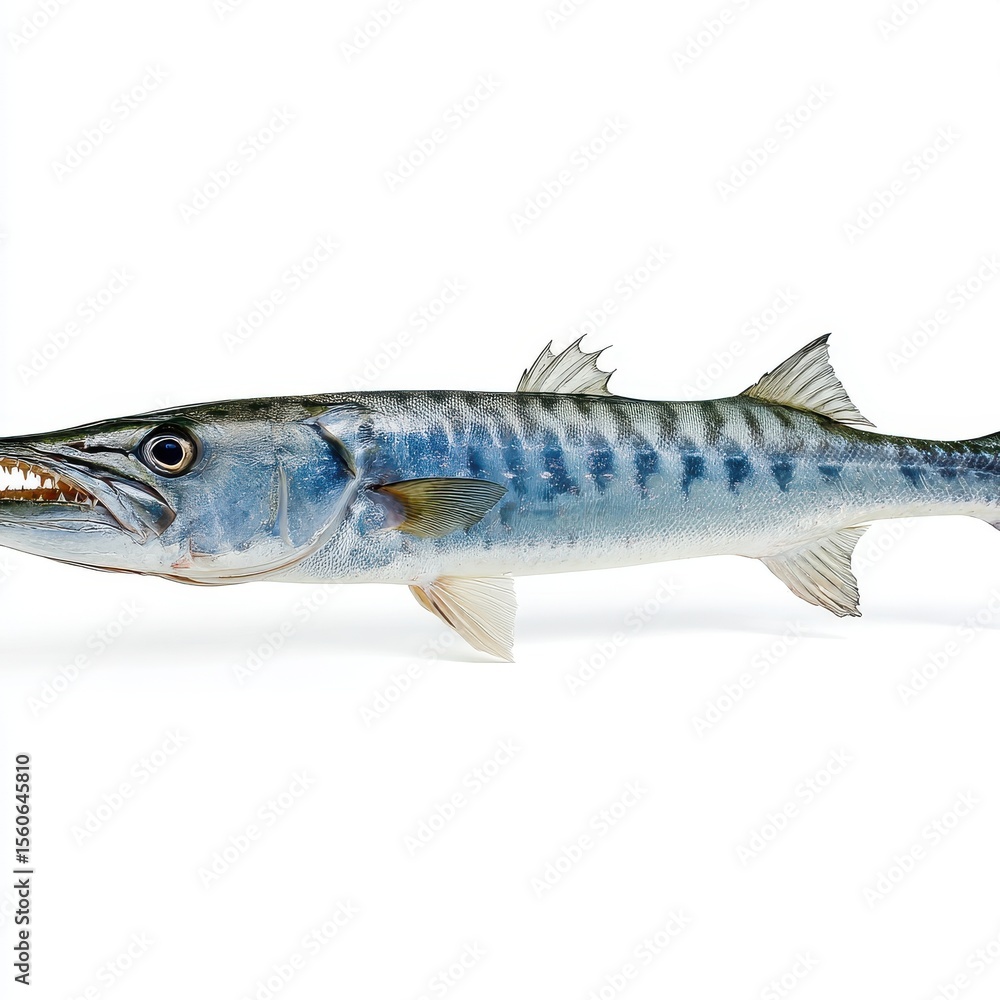 Naklejka premium Great barracuda with sharp teeth and distinctive markings isolated on white background
