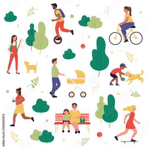Summer park concept outdoor activity vector illustration, cartoon flat active people spend time in city park together, walking with kids, playing with dog, cycling, riding hoverboard isolated.