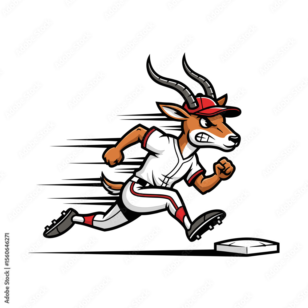 Fototapeta premium Determined Antelope Baseball Player Running Bases Cartoon Illustration