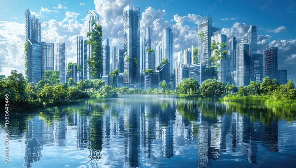 Obraz premium Futuristic cityscape with vertical gardens reflected in a calm lake. Lush greenery adorns skyscrapers, creating a sustainable urban landscape under a vibrant blue sky