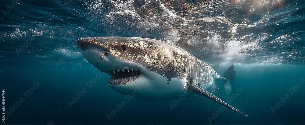 Naklejka premium Majestic Underwater Shot of a Great White Shark with Open Jaw in the Deep Ocean.