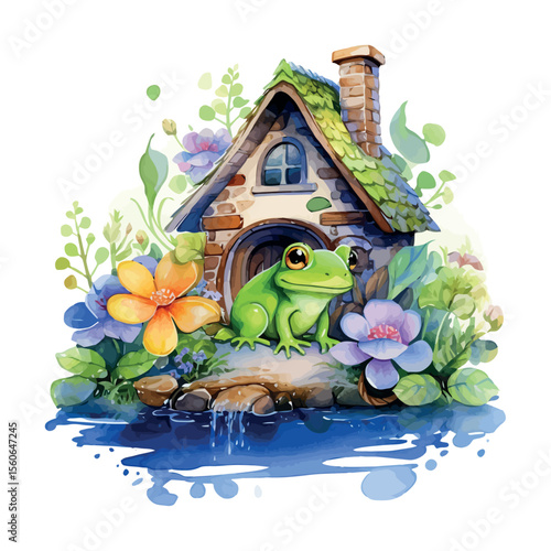 Cartoon vector illustration of a funny house with flowers and birds perfect for spring or Christmas holiday decoration