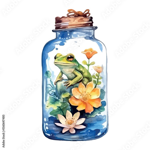 Green frog in a transparent glass jar or bottle, isolated on white