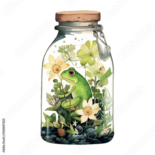 A clear glass jar of canned green peas sits on a white background, a healthy vegetarian food object for your savings