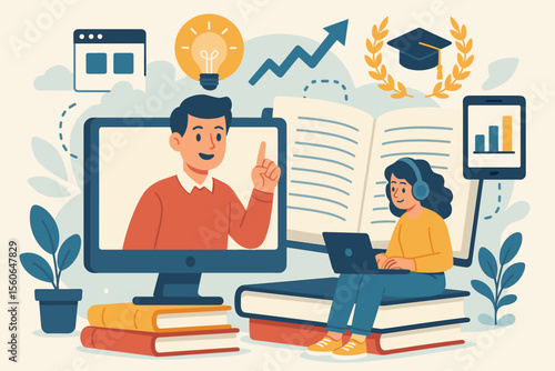 Online education concept with student and teacher in a virtual webinar. E-learning for university and school. Digital training course, distance learning, knowledge growth and study.
