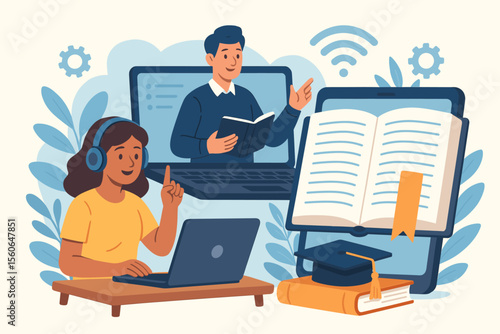 E-learning concept for online education. Student with laptop watching webinar with teacher. Digital library on tablet, graduation cap. Distance study, virtual classroom vector design.