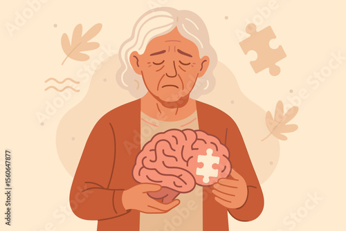 Alzheimer's disease concept with a sad elderly woman holding a brain with a missing jigsaw puzzle piece. Metaphor for memory loss, dementia, and mental health issues in seniors.