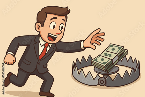 Greedy businessman lured by money bait in a steel trap. Financial risk and temptation concept. Metaphor for dangerous investment, business crisis, debt, fraud, and ambition.