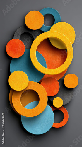 Colorful circles dance upon gray background