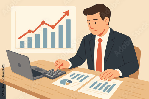 Businessman analyzing financial data with a calculator and laptop. Accountant working on business report with graphs. Concept of economic growth, stock market, investment, and audit.
