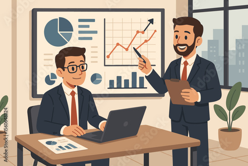 Businessmen analyzing financial data during a presentation in a modern office. Manager pointing at a growth chart on a whiteboard. Teamwork, marketing strategy and success concept.