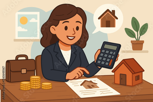 Real estate agent calculating mortgage for a home buyer. Financial advisor planning budget with calculator. Woman broker with house model, contract, and coins for property investment.