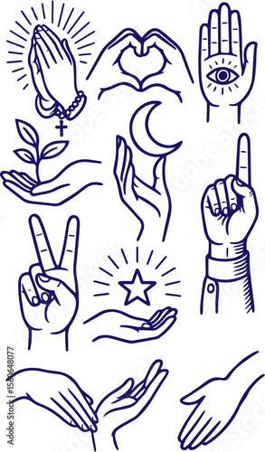 Symbolic hand gestures in vintage line art style with spiritual icons