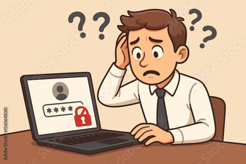 Confused man forgot password for laptop, login access denied. Frustrated office worker has authentication problem. Vector cartoon concept of cybersecurity and incorrect password.