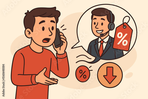Man on phone call with customer service agent, negotiating a discount. Consumer haggling for better price or special offer. Concept of bargaining, sales promotion, price reduction.